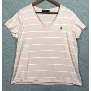 Polo Ralph Lauren Womens T-Shirt‎ XL Striped V-Neck Pink Preppy Casual